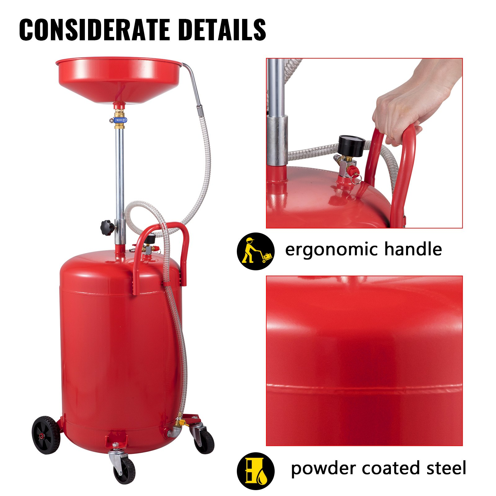 VEVOR Waste Oil Drain Tank 80 L Portable Oil Drain Air Operated Drainer Oil Change, Oil Drain Container, Fluid Fuel Transfer Drainage Adjustable Funnel Height, with Wheel for Easy Oil Removal