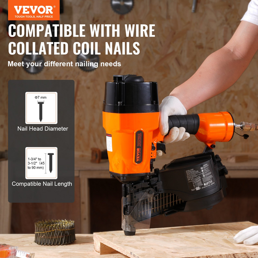 VEVOR MCN90 Coil Framing Nailer 44.45 mm to 88.9 mm 15 Degree Pneumatic Nail Gun