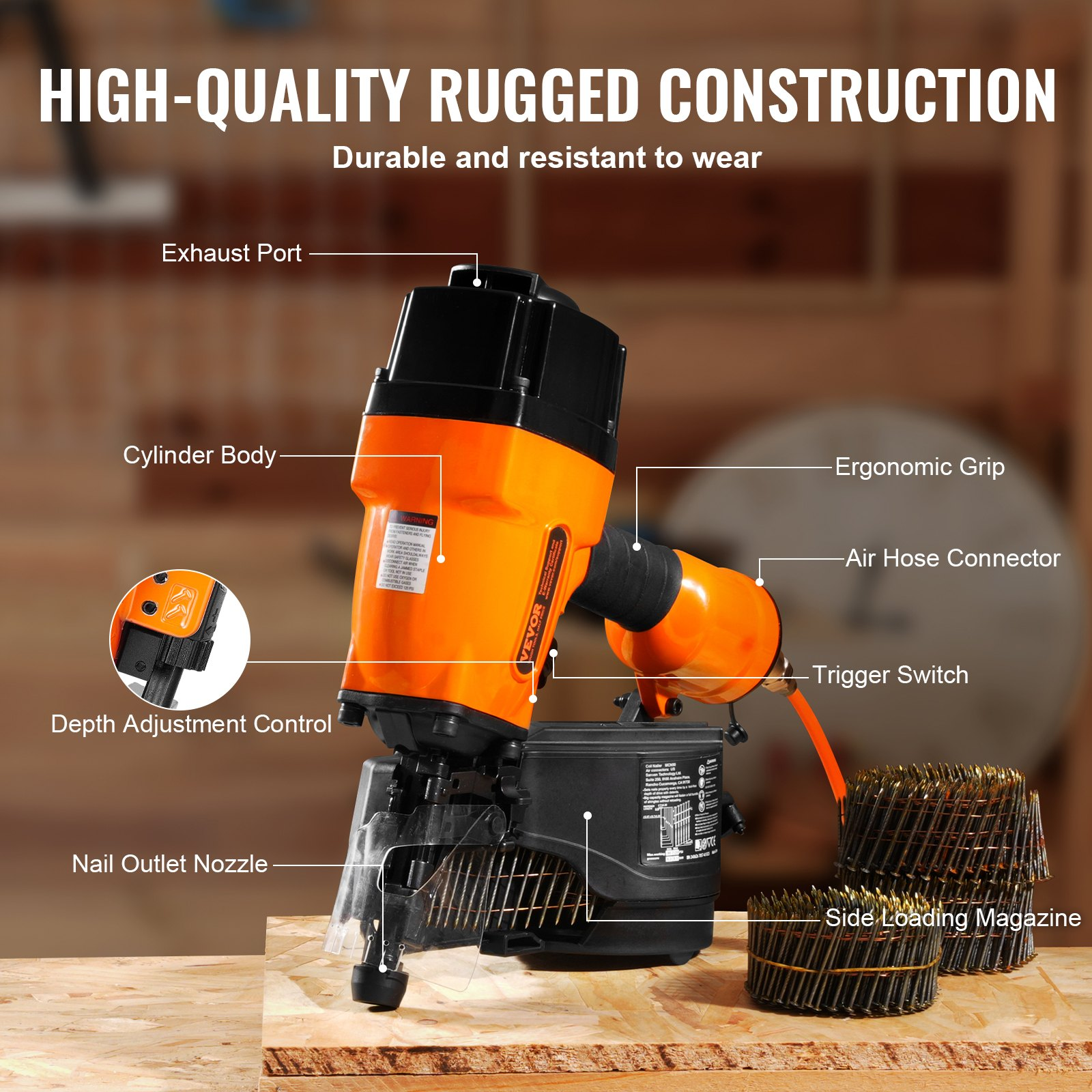 VEVOR MCN90 Coil Framing Nailer 44.45 mm to 88.9 mm 15 Degree Pneumatic Nail Gun