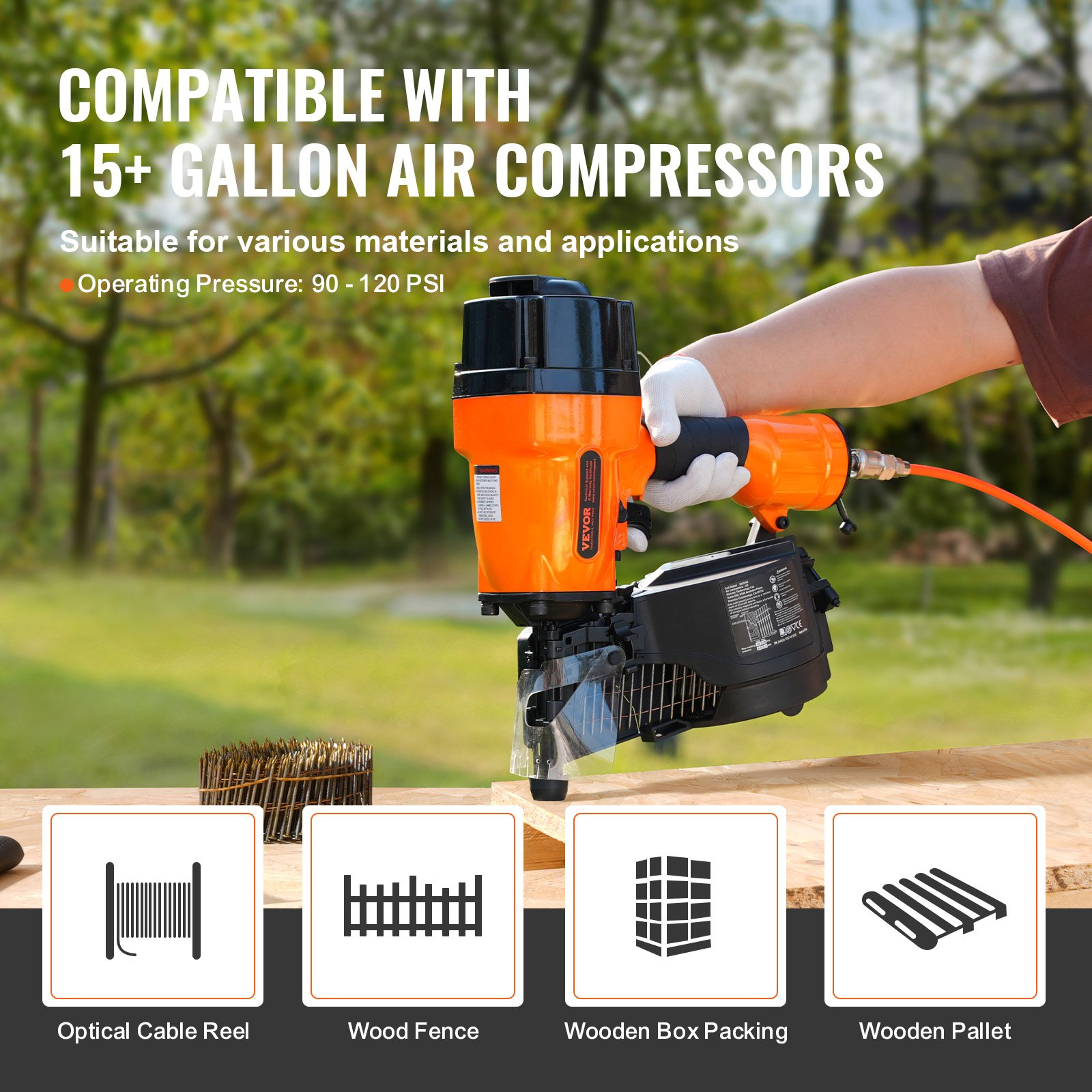 VEVOR MCN90 Coil Framing Nailer 44.45 mm to 88.9 mm 15 Degree Pneumatic Nail Gun