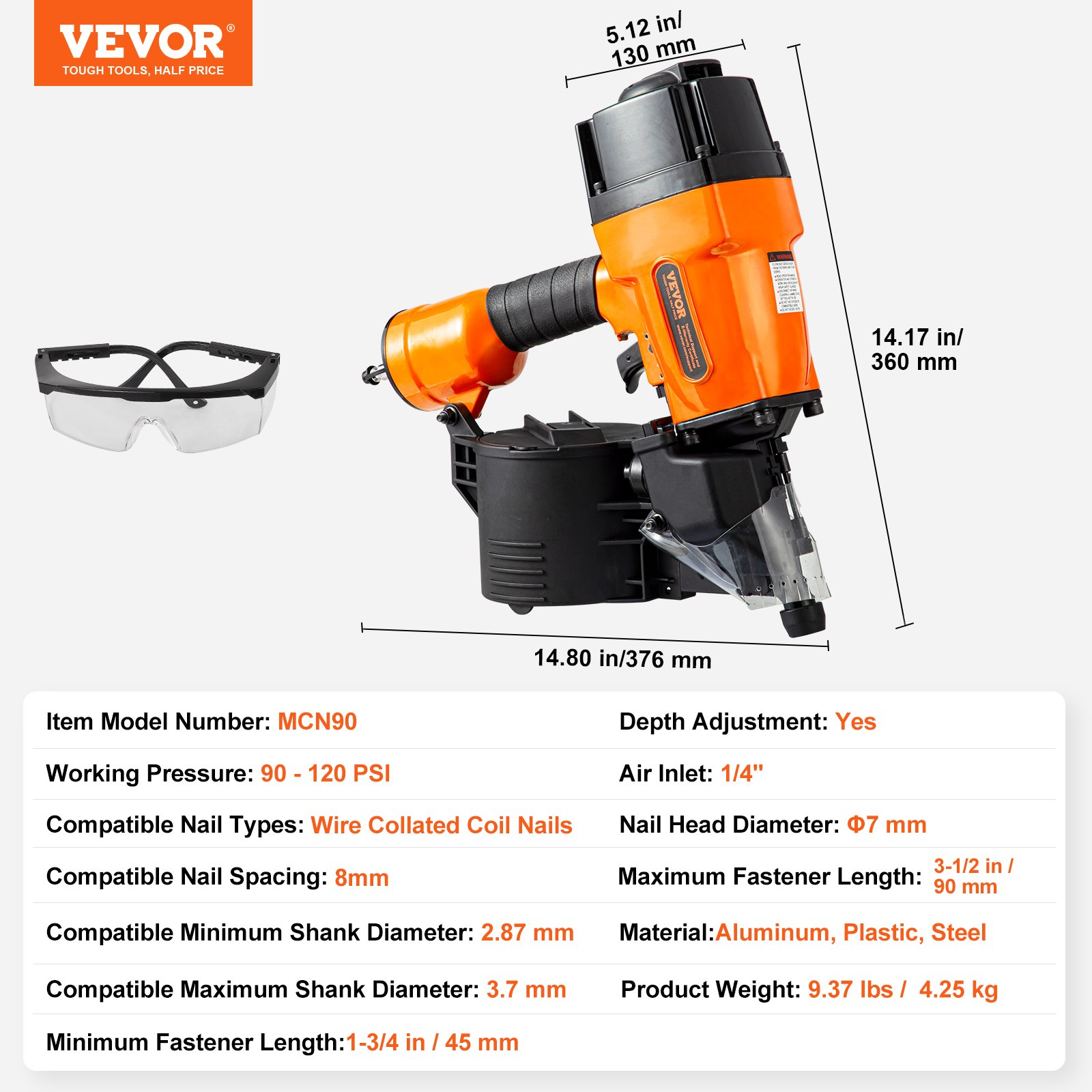 VEVOR MCN90 Coil Framing Nailer 44.45 mm to 88.9 mm 15 Degree Pneumatic Nail Gun