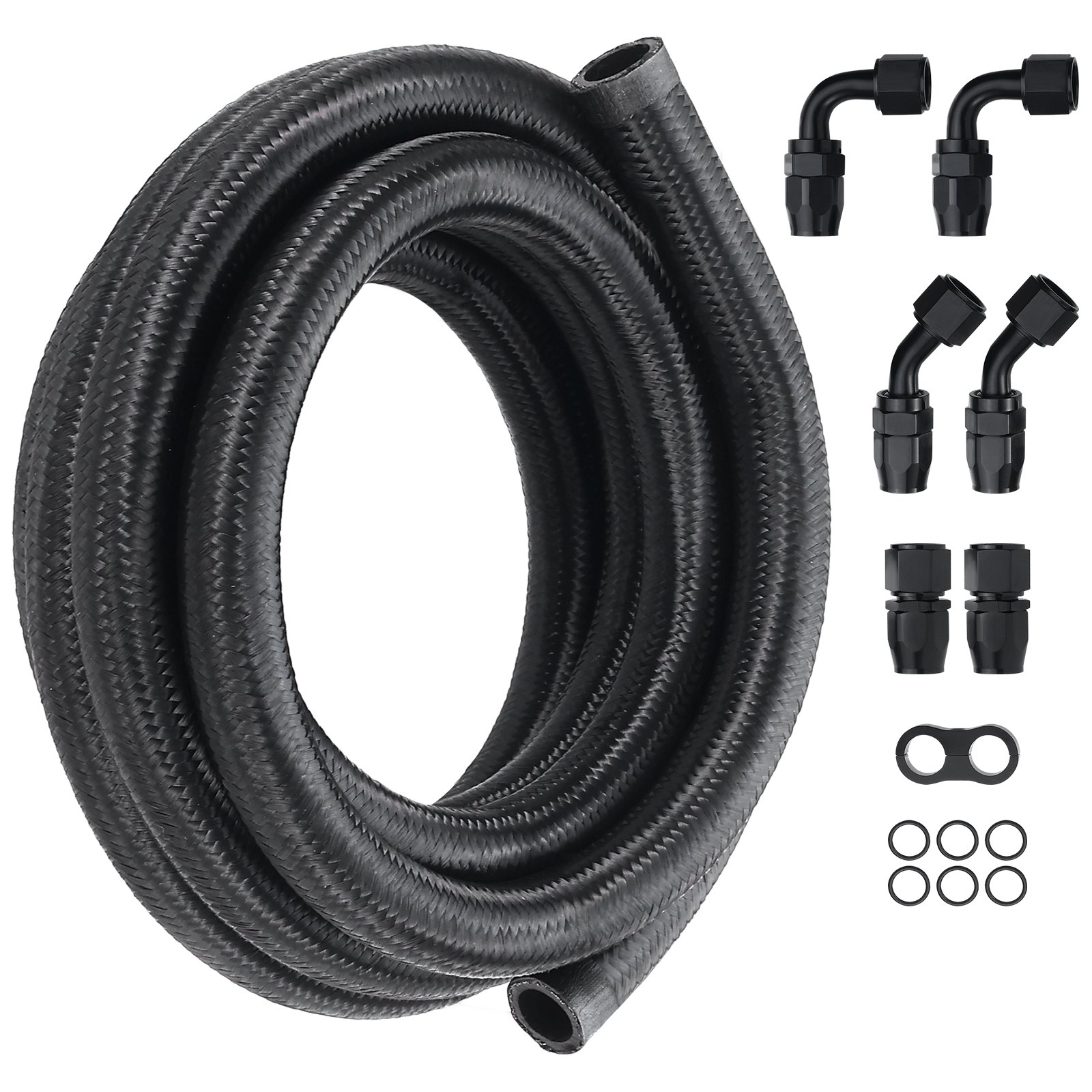VEVOR 10AN Fuel Line Kit, 10 FT Fuel Hose Kit, 0.55" Nylon Stainless Steel Braided Fuel Line Oil/Gas/Diesel Hose End Fitting Kit, with 7 PCS Swivel Fitting Adapter Kit, Black