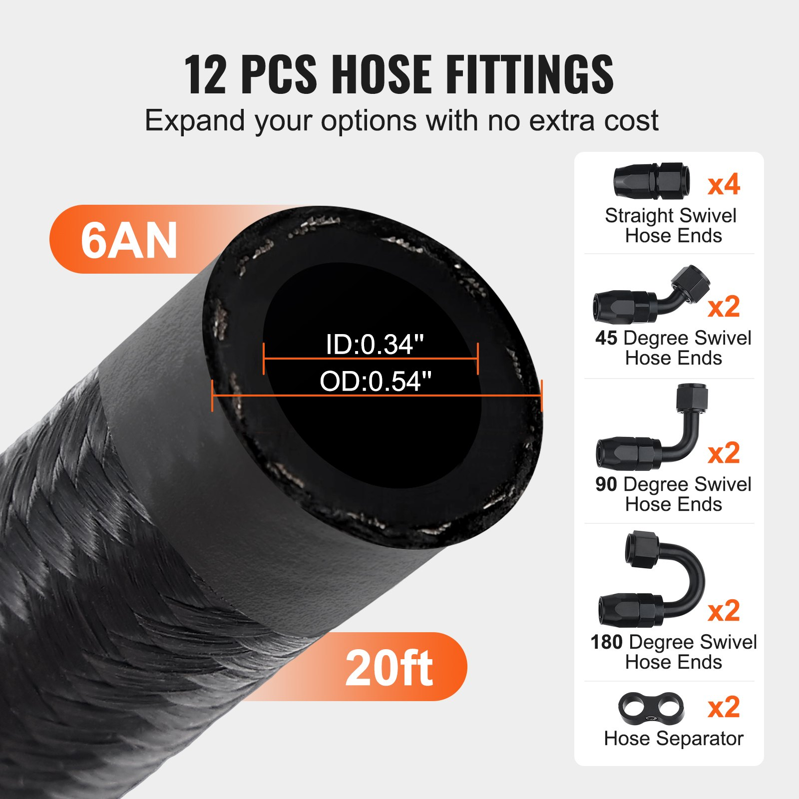 VEVOR 6AN Fuel Line Kit, 20 FT Fuel Hose Kit, 0.34" Nylon Stainless Steel Braided Fuel Line Oil/Gas/Diesel Hose End Fitting Kit, with 12 PCS Swivel Fitting Adapter Kit, Black
