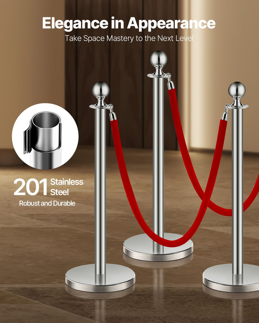 VEVOR 4 Pcs Silver Stanchion Post 2 Red Velvet Ropes Sand Injection Hollow Base