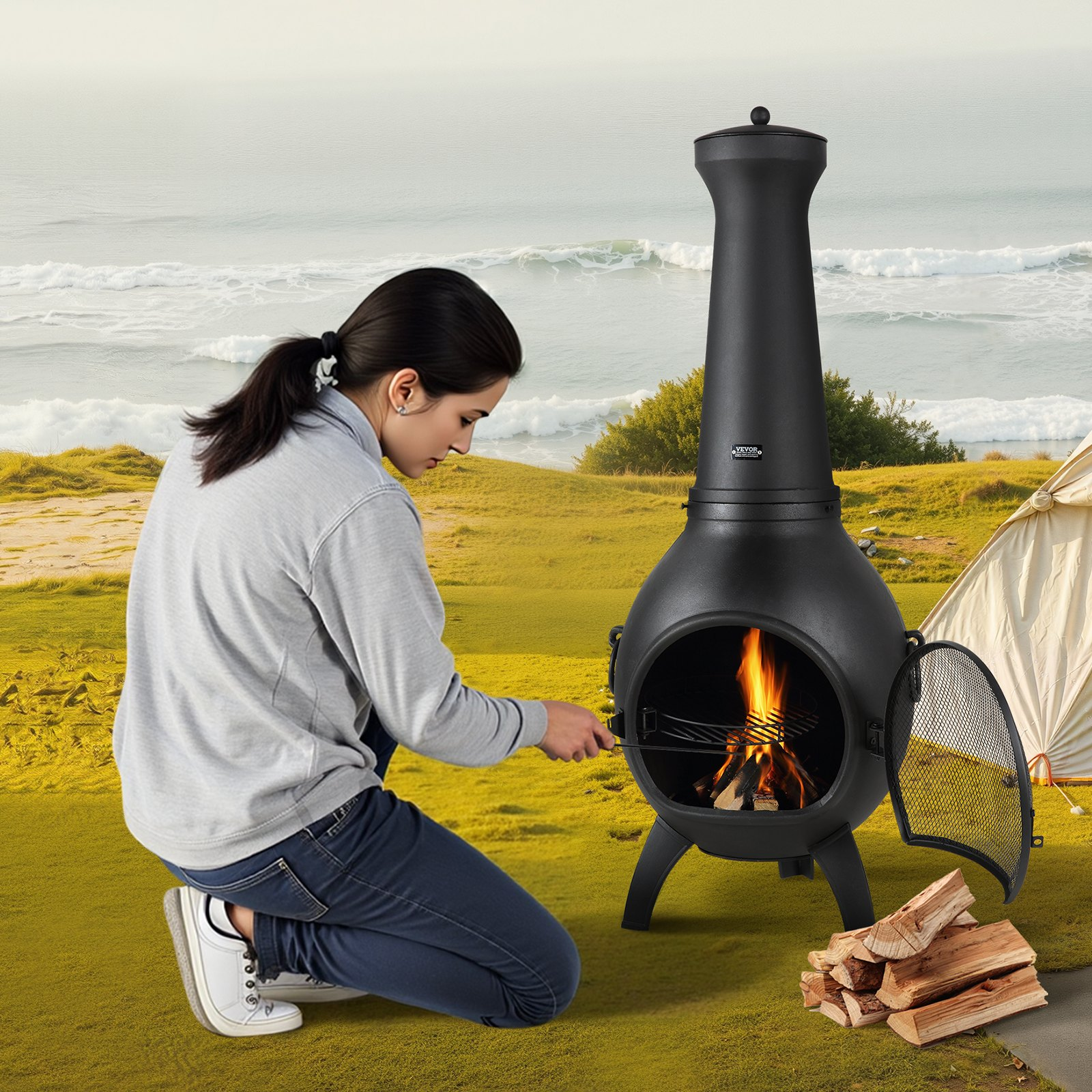 VEVOR 18 In Chiminea Outdoor Wood Burning Firepit with Grill Mesh & Chimney Coat