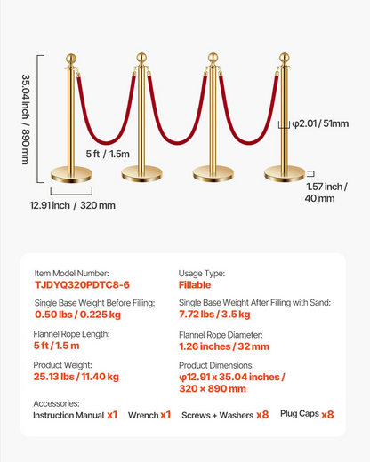 VEVOR 8 Pcs Gold Stanchion Post 6 Red Velvet Ropes Sand Injection Hollow Base