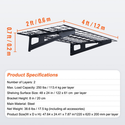 VEVOR Garage Storage Shelving, 2 Pack, 4 x 2 ft Heavy Duty Garage Shelves Wall Mounted, 500 lbs Load Capacity(Total) Garage Storage Rack Floating Shelves, Suitable for Shop, Shed, Garage Storage