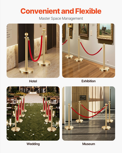 VEVOR 4 Pcs Gold Stanchion Post 2 Red Velvet Ropes Sand Injection Hollow Base
