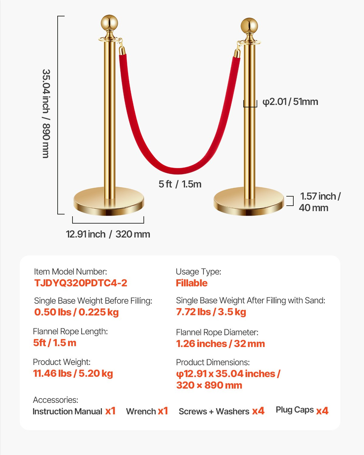 VEVOR 4 Pcs Gold Stanchion Post 2 Red Velvet Ropes Sand Injection Hollow Base