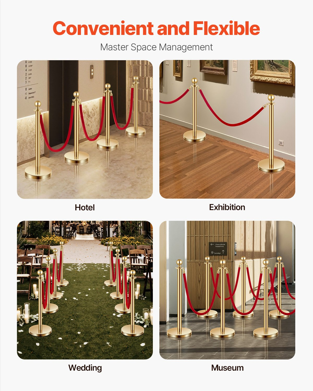 VEVOR 4 Pcs Gold Stanchion Post 3 Red Velvet Ropes Sand Injection Hollow Base