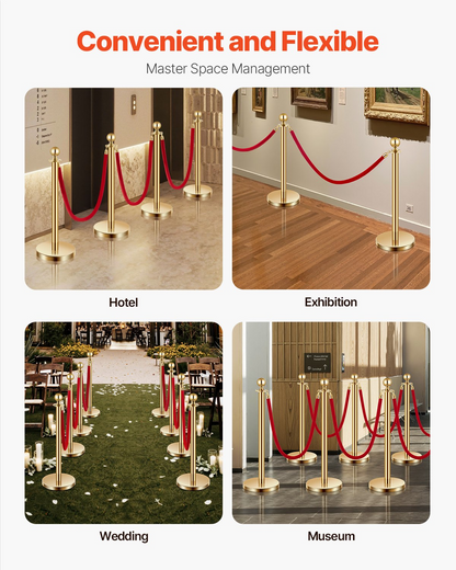 VEVOR 4 Pcs Gold Stanchion Post 3 Red Velvet Ropes Sand Injection Hollow Base