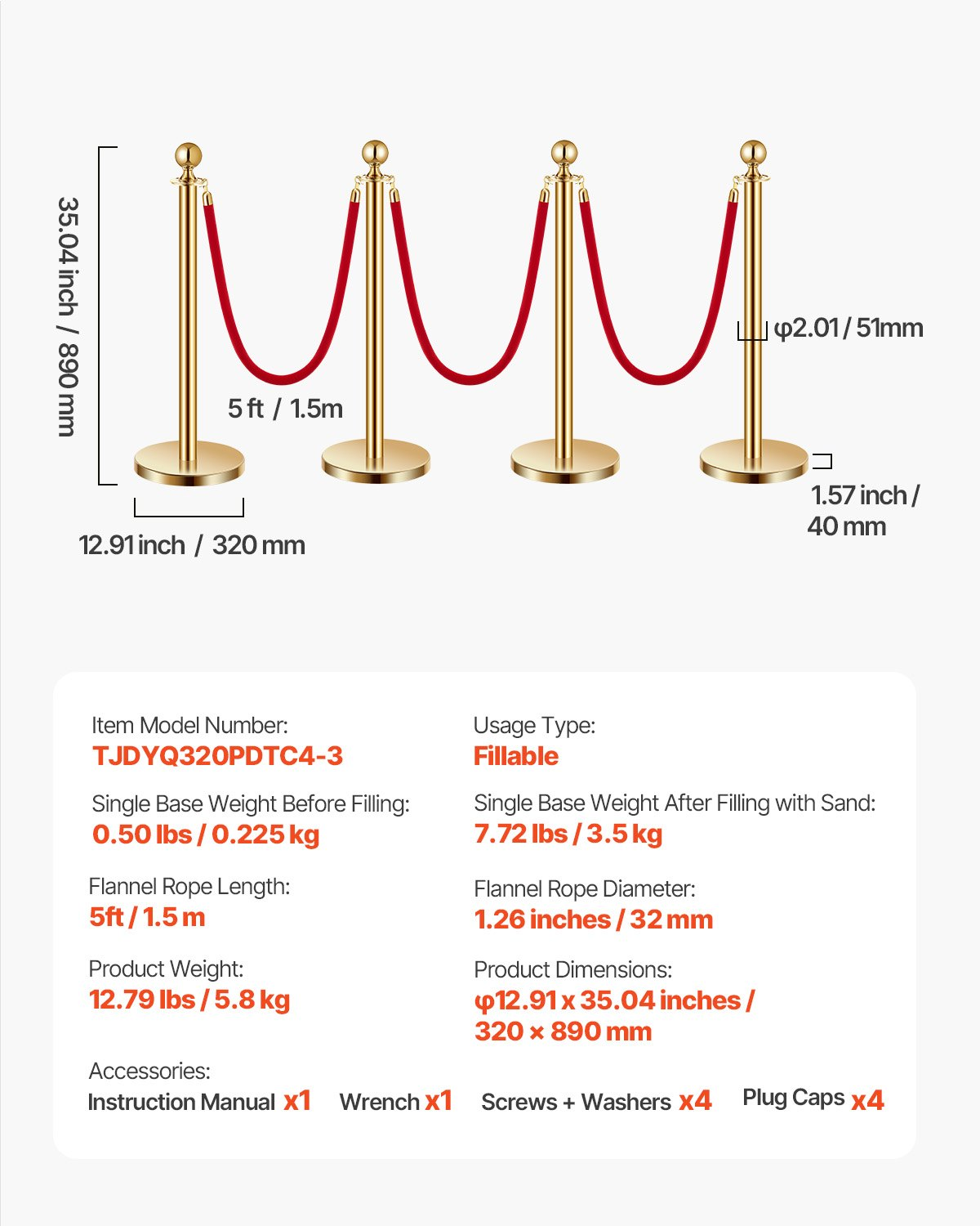 VEVOR 4 Pcs Gold Stanchion Post 3 Red Velvet Ropes Sand Injection Hollow Base