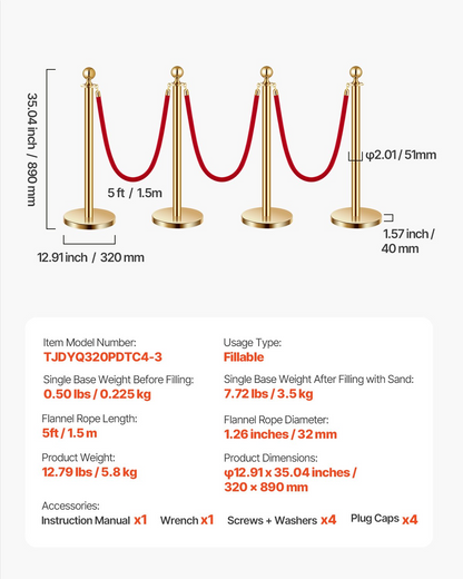 VEVOR 4 Pcs Gold Stanchion Post 3 Red Velvet Ropes Sand Injection Hollow Base