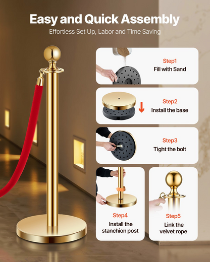 VEVOR 6 Pcs Gold Stanchion Post 4 Red Velvet Ropes Sand Injection Hollow Base