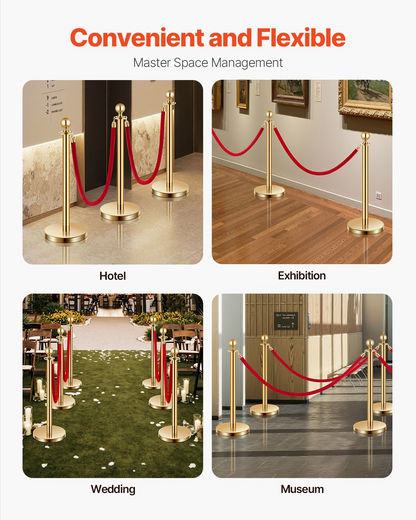 VEVOR 6 Pcs Gold Stanchion Post 4 Red Velvet Ropes Sand Injection Hollow Base