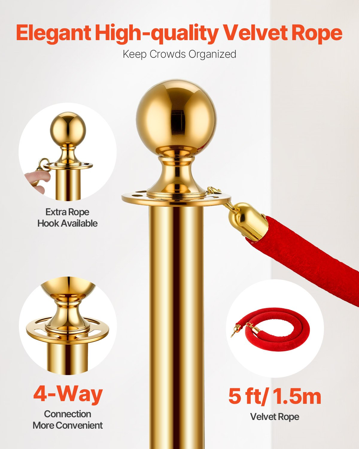 VEVOR 6 Pcs Gold Stanchion Post 4 Red Velvet Ropes Sand Injection Hollow Base