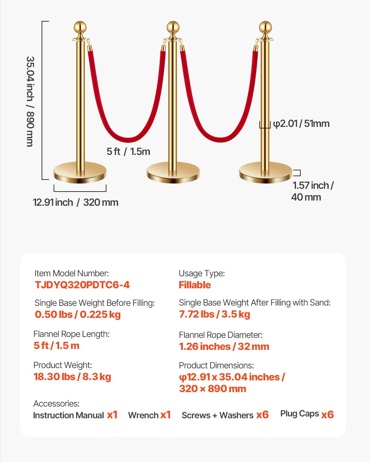 VEVOR 6 Pcs Gold Stanchion Post 4 Red Velvet Ropes Sand Injection Hollow Base
