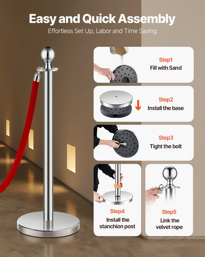 VEVOR 8 Pcs Silver Stanchion Post 4 Red Velvet Ropes Sand Injection Hollow Base