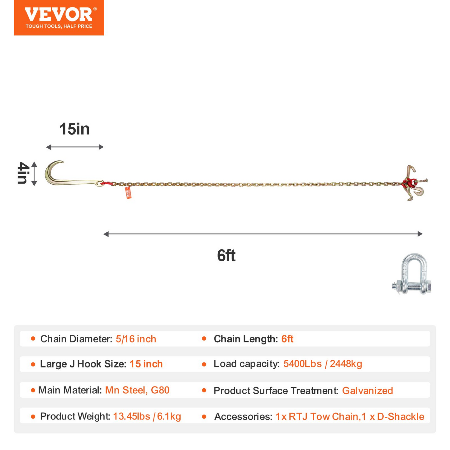 VEVOR 5/16"x6' G80 Tow Chain 15" J Hook Long Shank RTJ & Grab Hooks Wrecker Tie