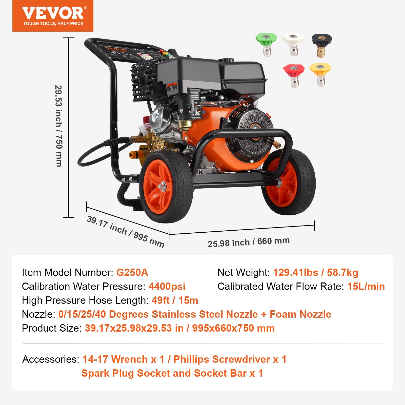 VEVOR Gas Pressure Washer 4400 PSI 15L/min 4 GPM with 5 Nozzle Set for Cars