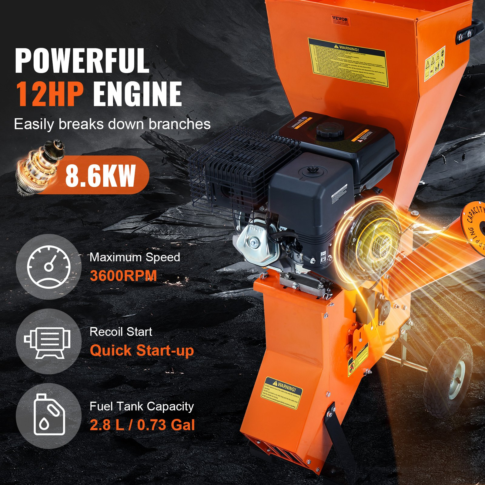 VEVOR Wood Chipper Shredder Mulcher HeavyDuty Gas Powered 17 cm 420cc 8.6kW