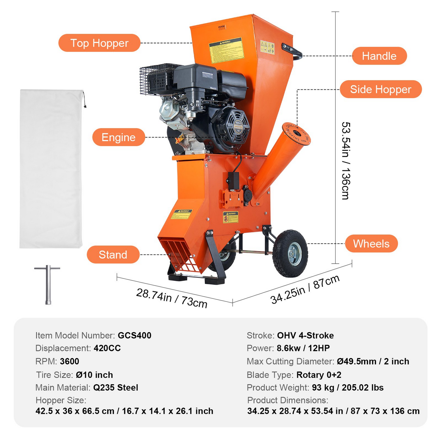 VEVOR Wood Chipper Shredder Mulcher HeavyDuty Gas Powered 17 cm 420cc 8.6kW