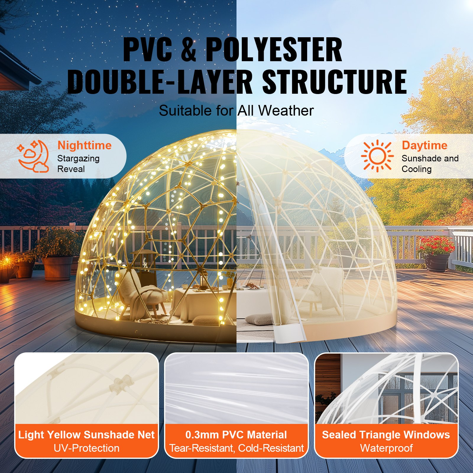 VEVOR 365.8 cm Dome Bubble Tent Double Cover w/ Transparent Window for Camping Party