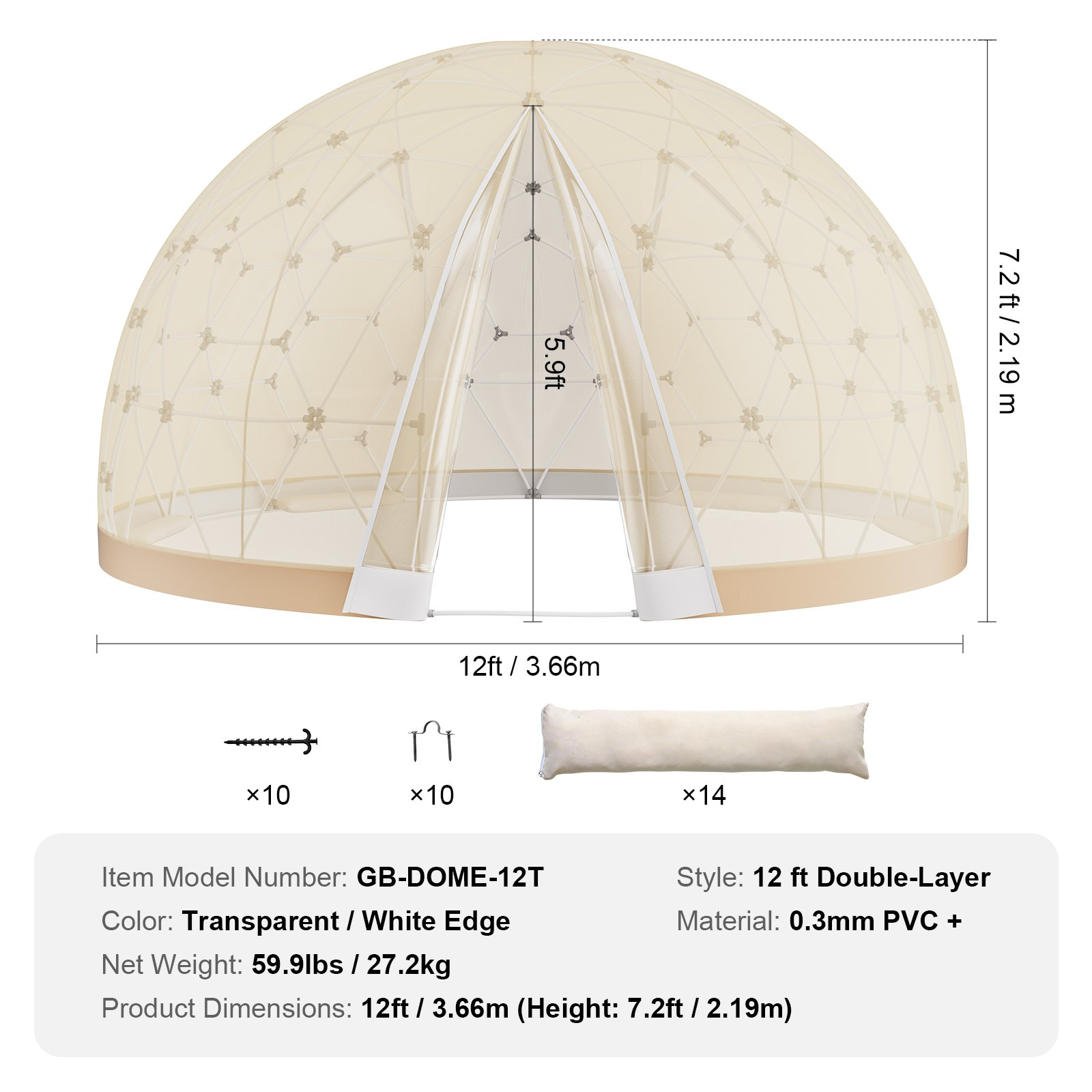 VEVOR 365.8 cm Dome Bubble Tent Double Cover w/ Transparent Window for Camping Party