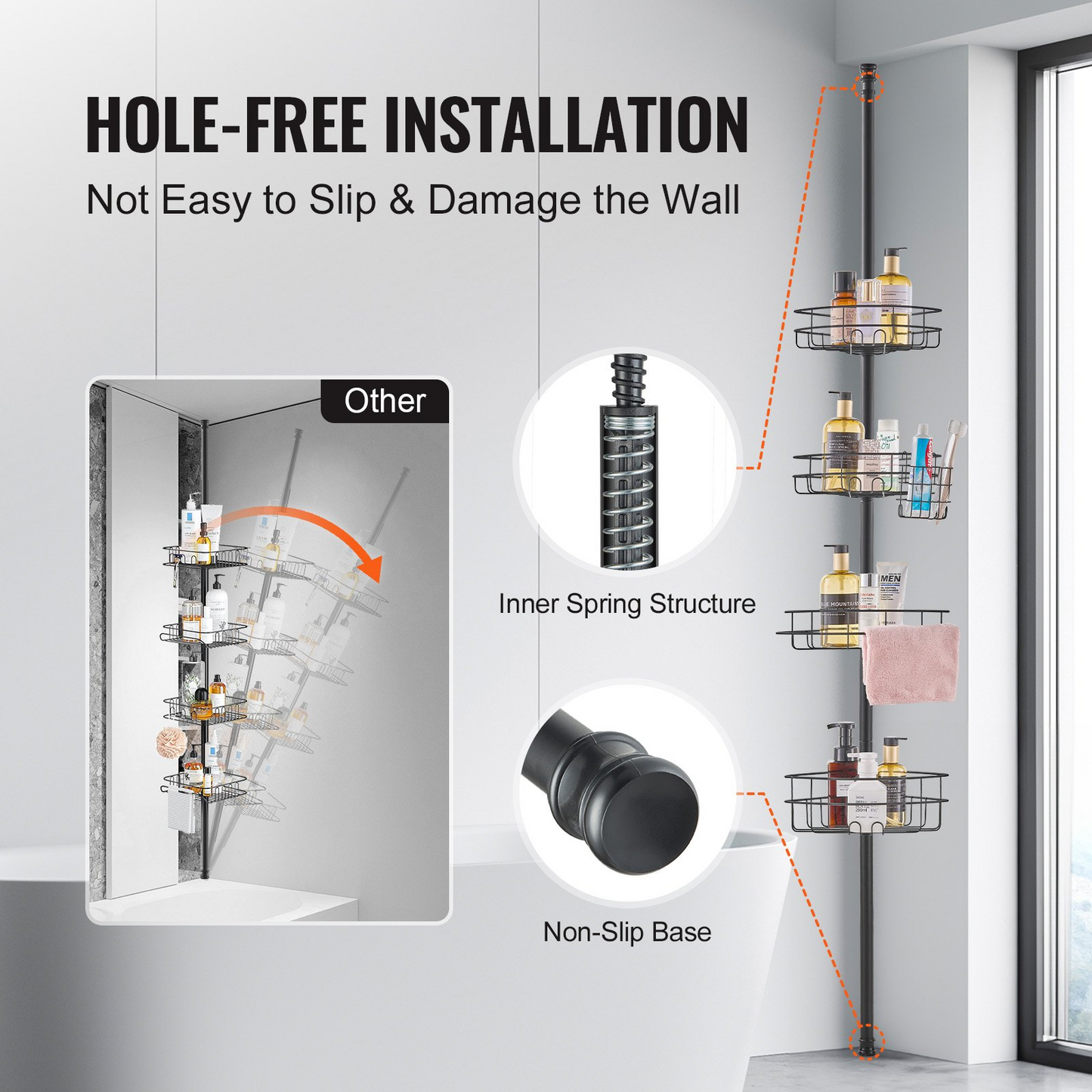 VEVOR 56" to 114" High Shower Corner Caddy Tension Pole Rust-Proof Tension Pole