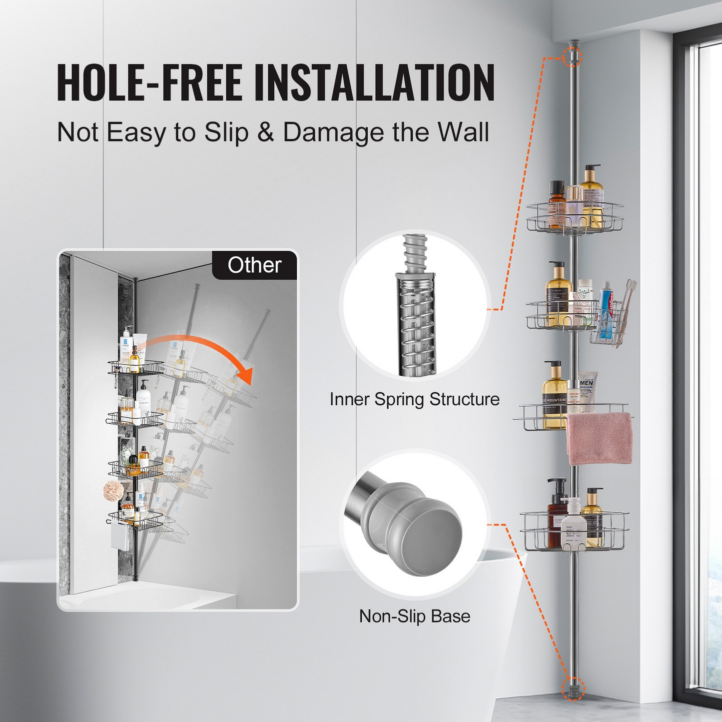 VEVOR 56" to 114" High Shower Corner Caddy Tension Pole Rust-Proof Tension Pole