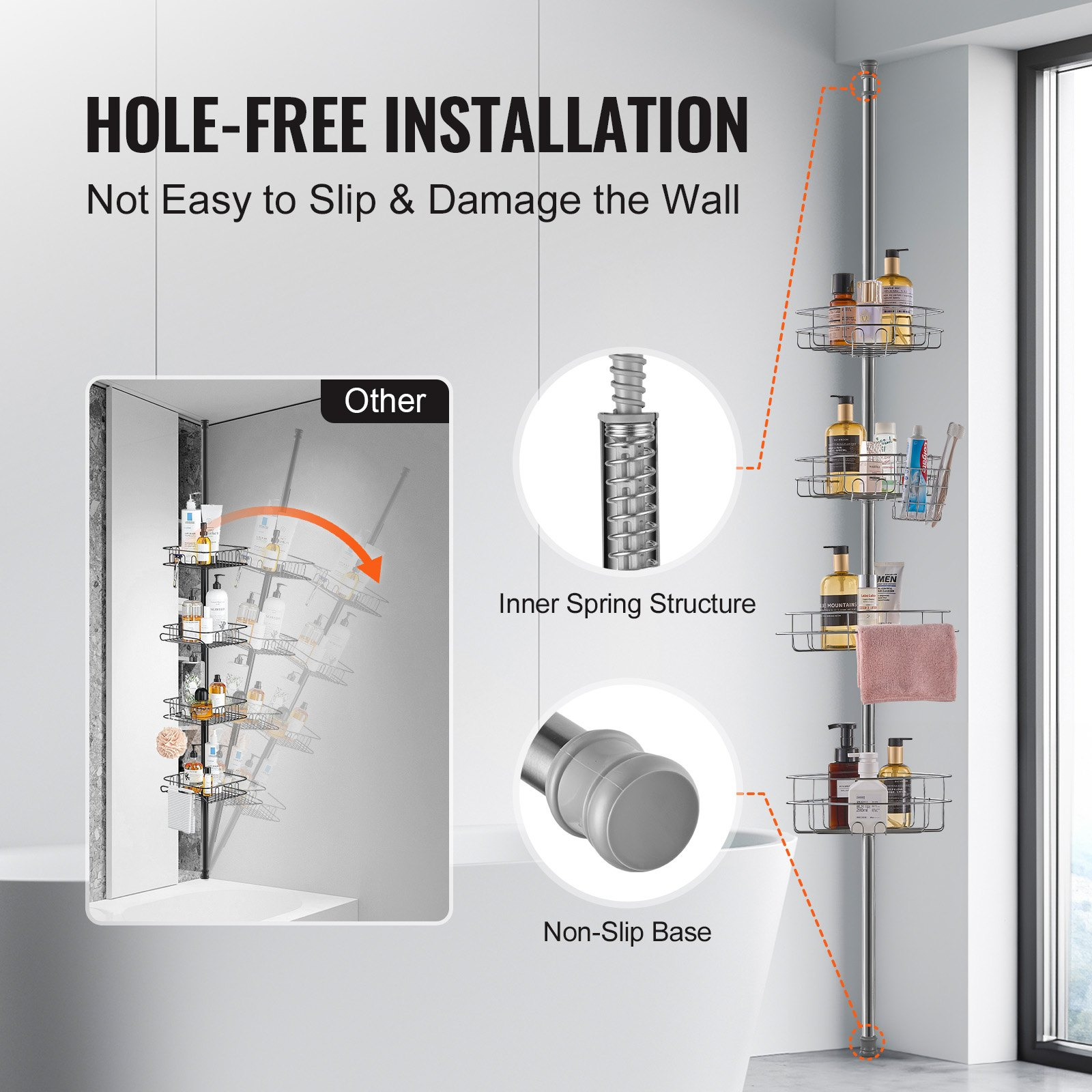 VEVOR 56" to 114" High Shower Corner Caddy Tension Pole Rust-Proof Tension Pole