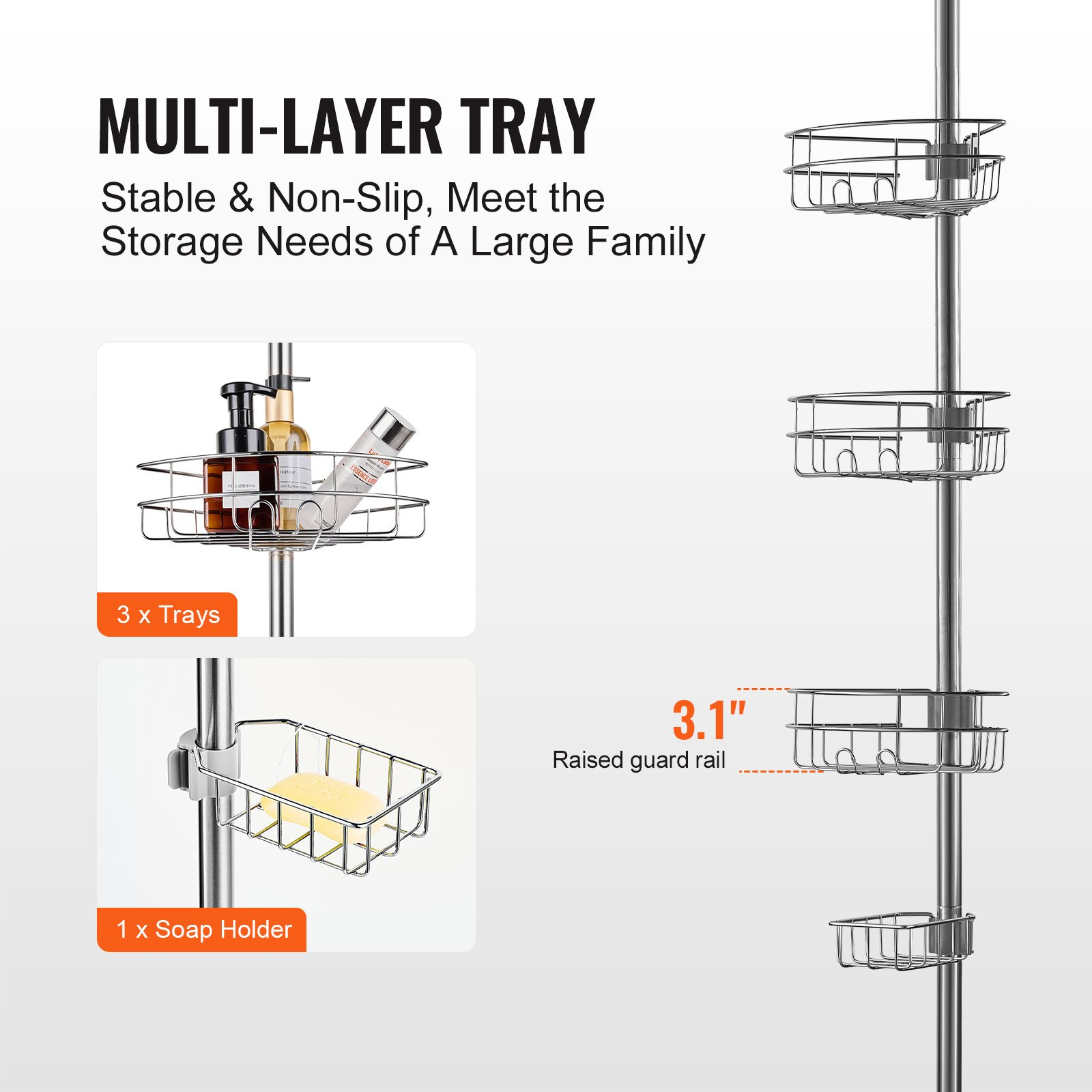 VEVOR 39" to 125" High Shower Corner Caddy Tension Pole Rust-Proof Tension Pole