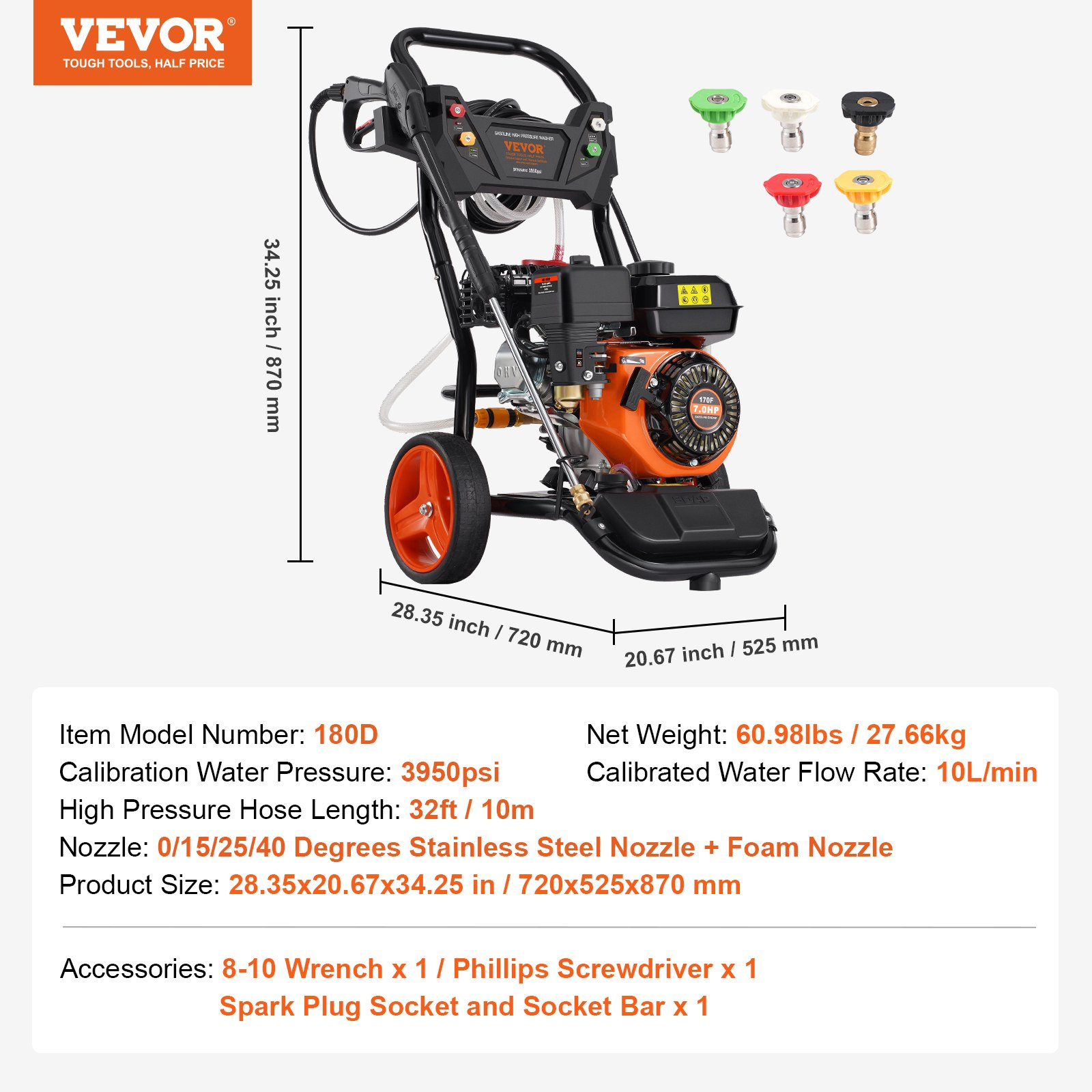 VEVOR Gas Pressure Washer 3950 PSI 10L/min 2.6 GPM with 5 Nozzle Set for Cars