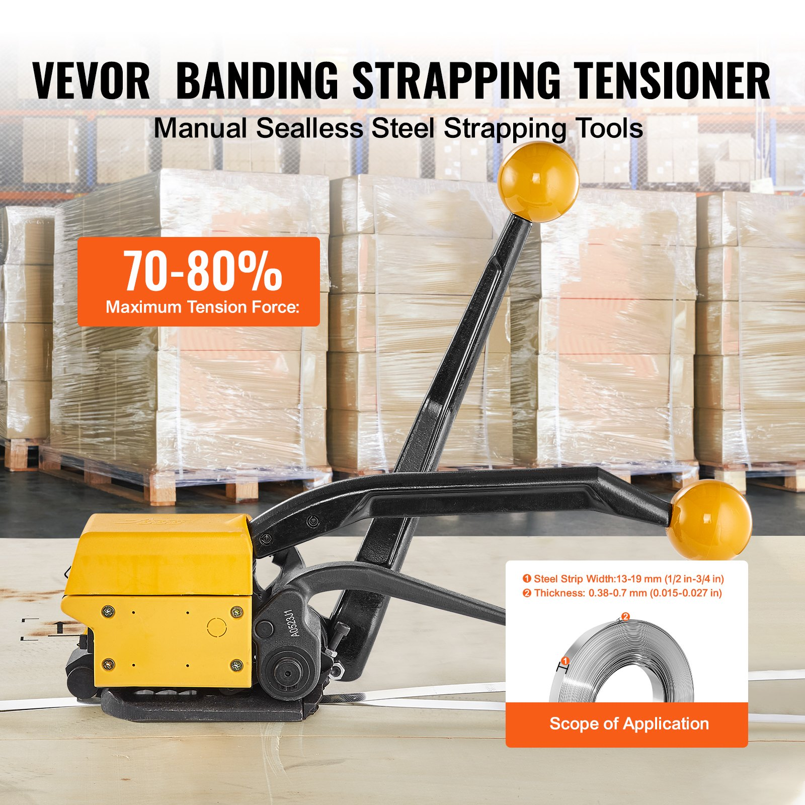 VEVOR Steel Strapping Tool for 1.3-1.9 cm Width, 3-in-1 (Tensioner, Crimper, Cutter) Manual Belt Packaging Banding Machine Packaging Metal Steel Strapping Banding Tool Machine for Stainless Steel Strap