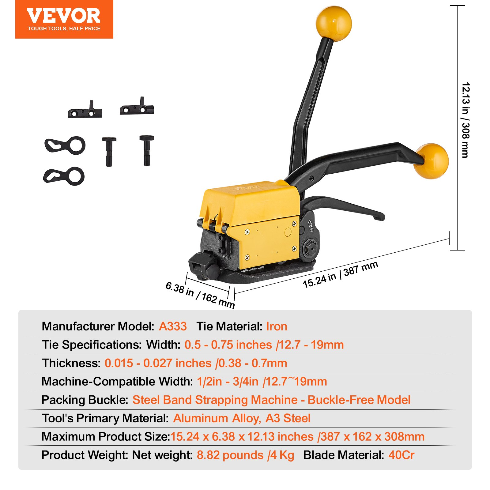 VEVOR Steel Strapping Tool for 1.3-1.9 cm Width, 3-in-1 (Tensioner, Crimper, Cutter) Manual Belt Packaging Banding Machine Packaging Metal Steel Strapping Banding Tool Machine for Stainless Steel Strap