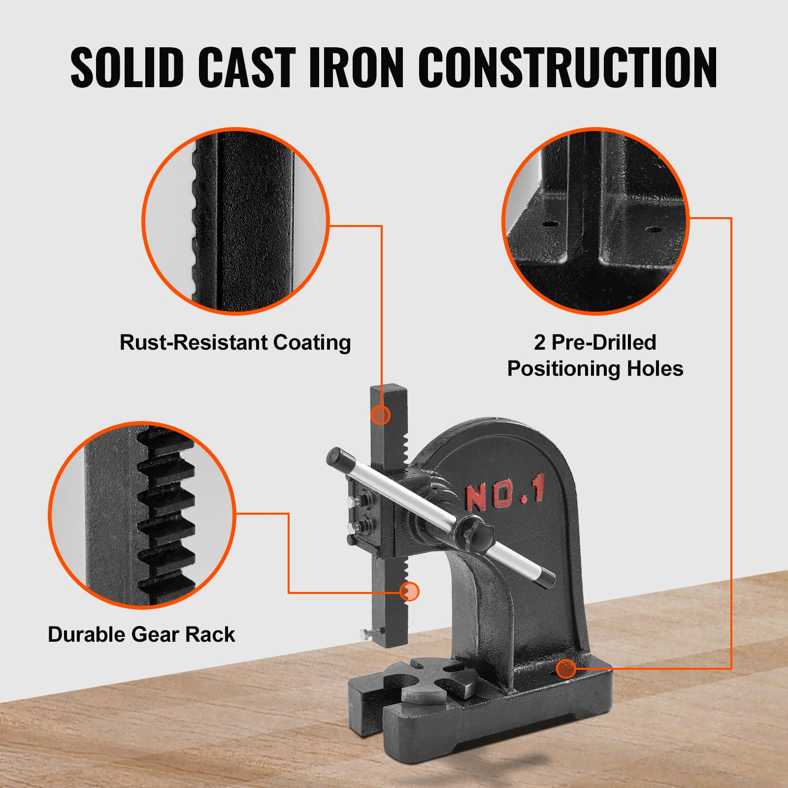 VEVOR Arbor Press, 1 Ton Manual Arbor Press, 15 cm Maximum Height, Cast Iron Heavy-duty Manual Desktop Arbor Press, Precision Hand Press for Stamping, Bending, Stretching, Forming