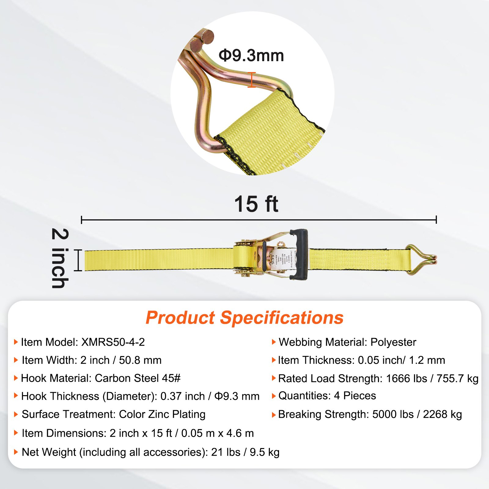 VEVOR Ratchet Tie Down Straps (4PK), 5000 lb Break Strength, Double J Hook Includes 4 Premium 2" x 15' Rachet Tie Downs with Padded Handles, for Moving Securing Cargo, Appliances, Lawn Equipment