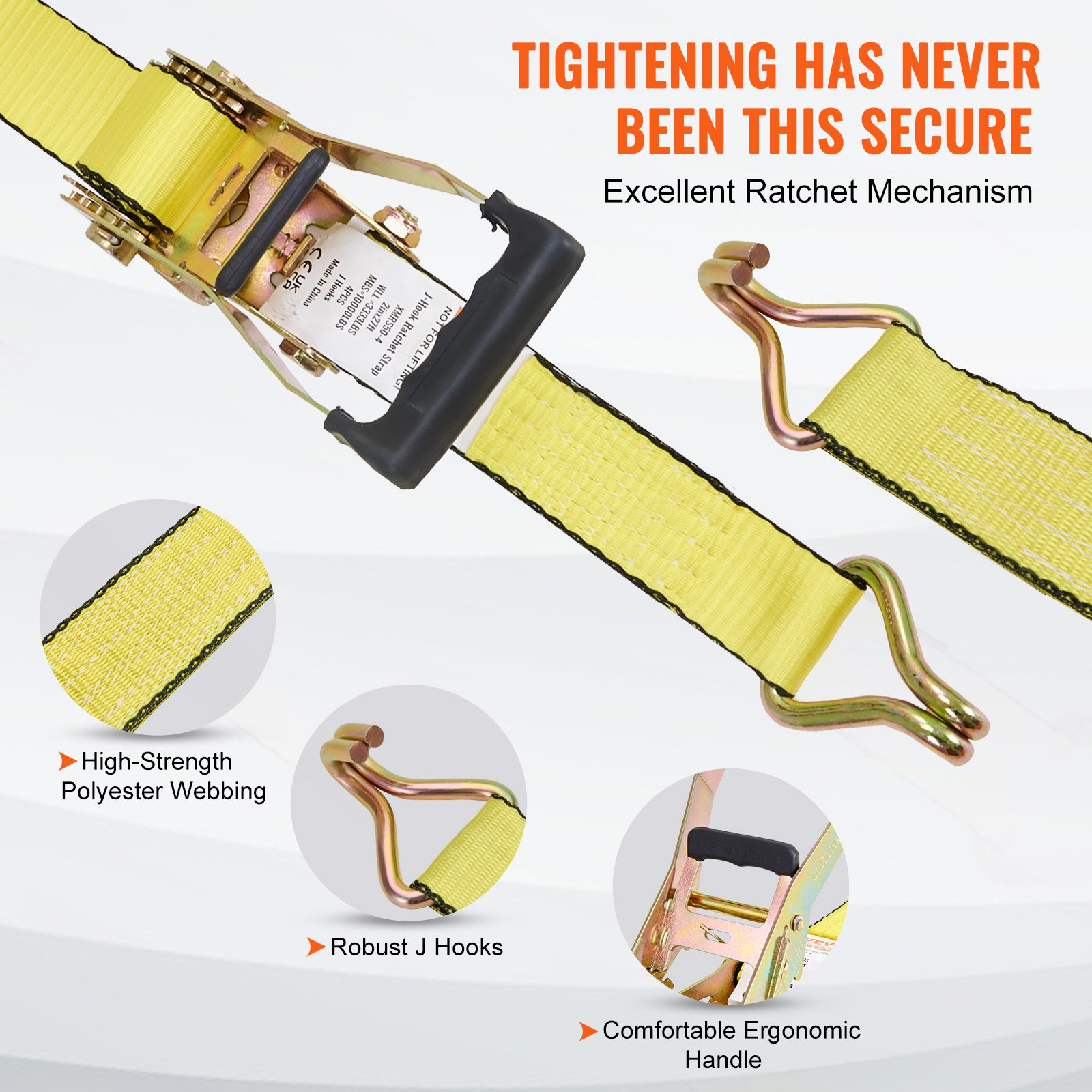 VEVOR Ratchet Tie Down Straps (4PK), 10000 lb Break Strength, Double J Hook Includes 4 Premium 2" x 27' Rachet Tie Downs with Padded Handles, for Moving Securing Cargo, Appliances, Lawn Equipment