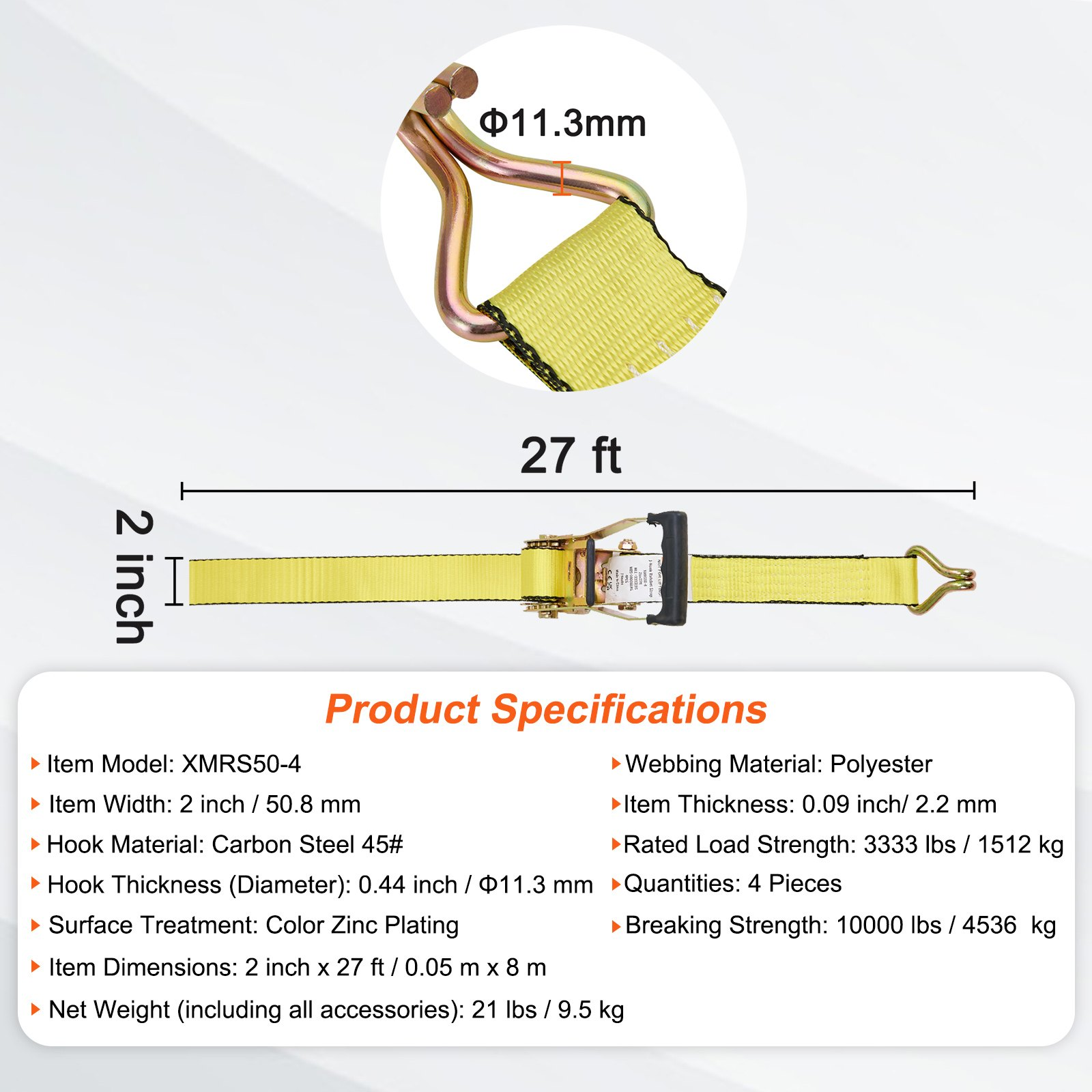 VEVOR Ratchet Tie Down Straps (4PK), 10000 lb Break Strength, Double J Hook Includes 4 Premium 2" x 27' Rachet Tie Downs with Padded Handles, for Moving Securing Cargo, Appliances, Lawn Equipment
