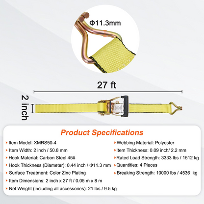 VEVOR Ratchet Tie Down Straps (4PK), 10000 lb Break Strength, Double J Hook Includes 4 Premium 2" x 27' Rachet Tie Downs with Padded Handles, for Moving Securing Cargo, Appliances, Lawn Equipment