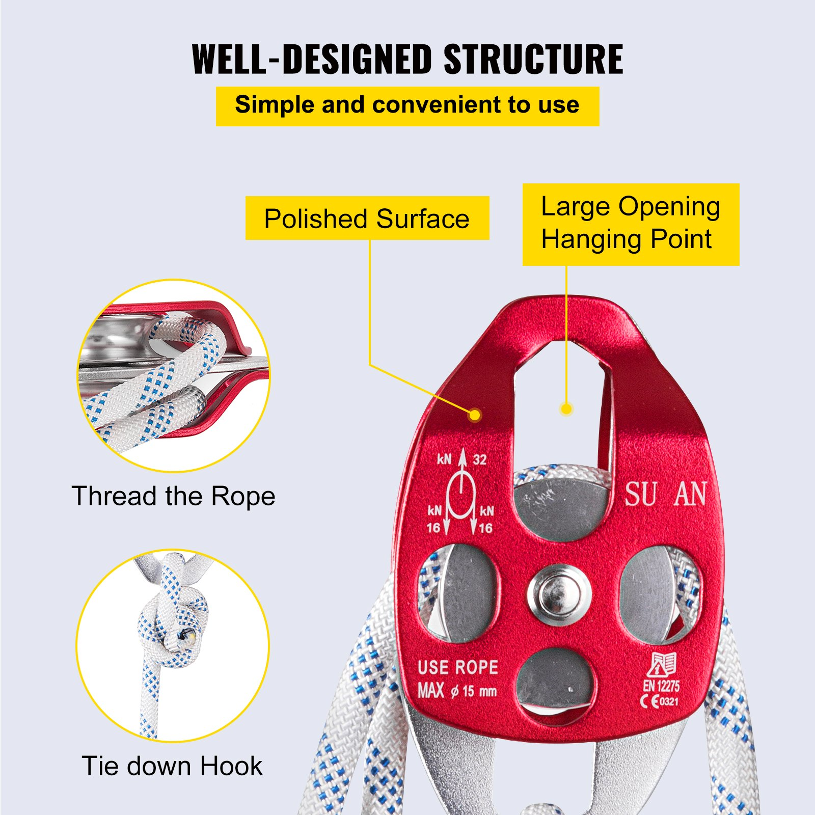 VEVOR Twin Sheave Block and Tackle 12 mm 30.48-60.96 m Twin Sheave Block with Braid Rope 2993.5-3498.6 kg Double Pulley Rigging