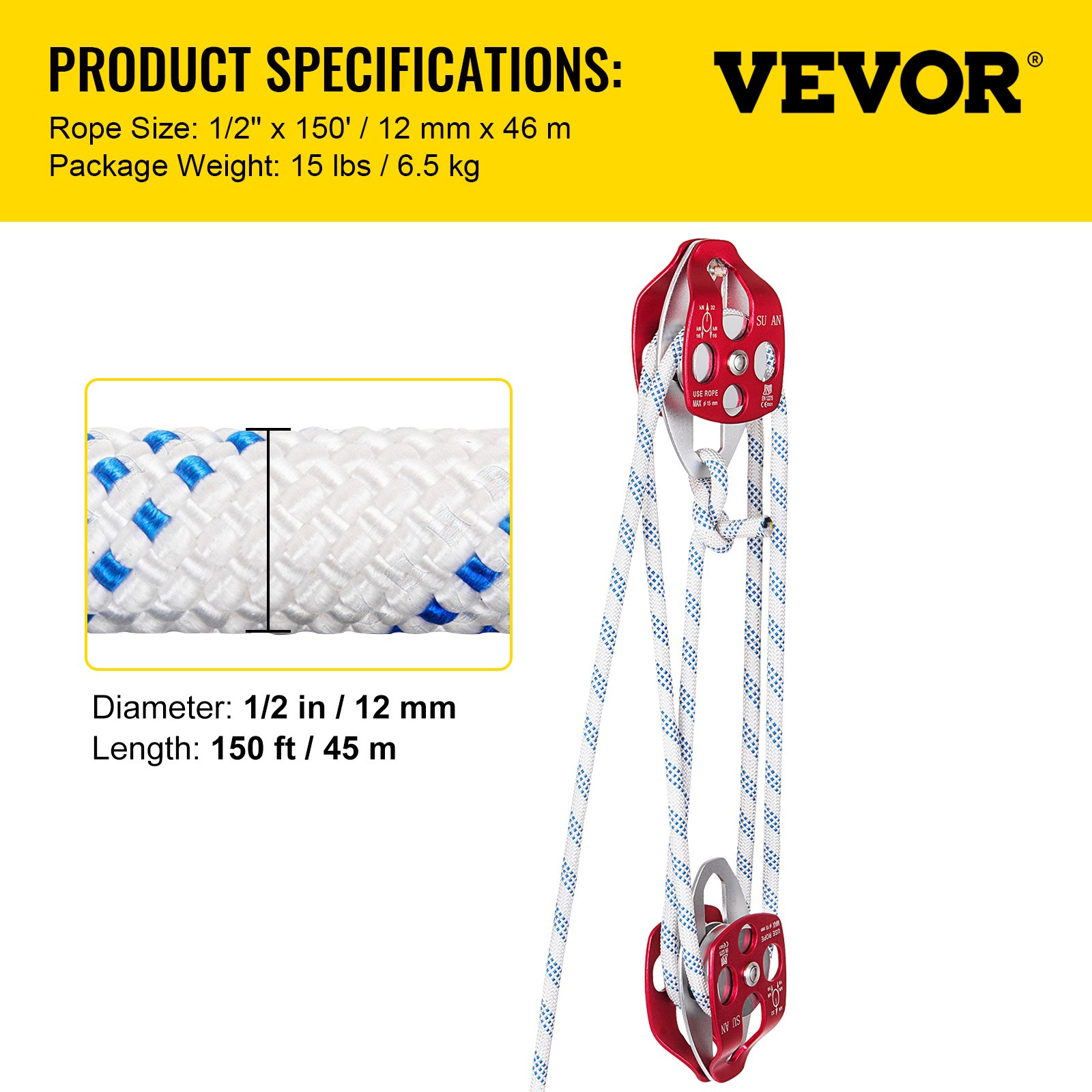 VEVOR Twin Sheave Block and Tackle 12 mm 30.48-60.96 m Twin Sheave Block with Braid Rope 2993.5-3498.6 kg Double Pulley Rigging