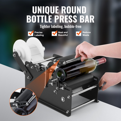 VEVOR Manual Round Labeling Machine, 15-20pcs/min, Bottle Label Applicator for Round Bottles, Adjustable Manual Round Bottle Labeler Suitable for Bottle Diameter 1.98-11.99 cm (with Pressing Bar)