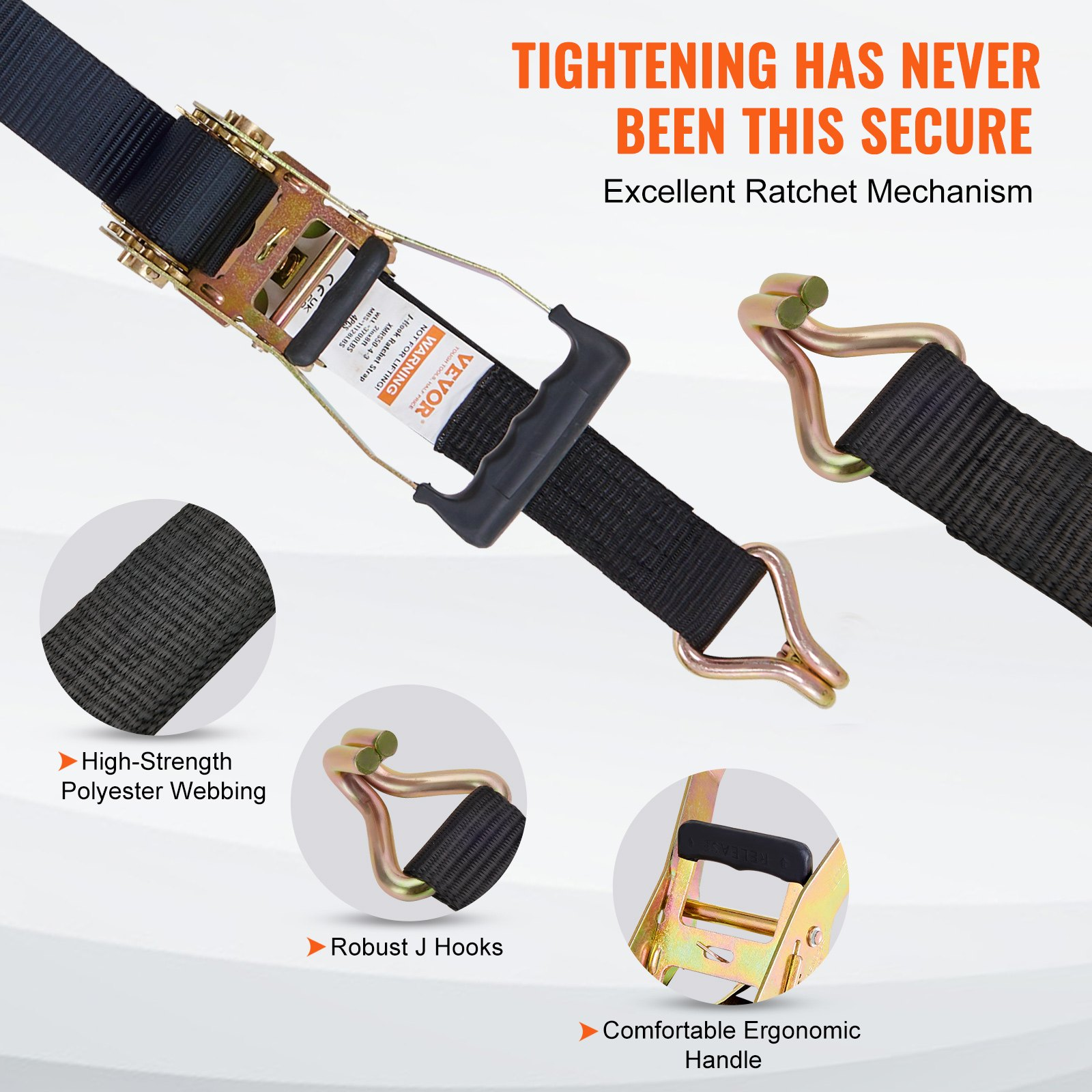 VEVOR Ratchet Tie Down Straps (4PK), 11128 lb Break Strength, Double J Hook Includes 4 Premium 2" x 8' Rachet Tie Downs with Padded Handles, for Moving Securing Cargo, Appliances, Lawn Equipment