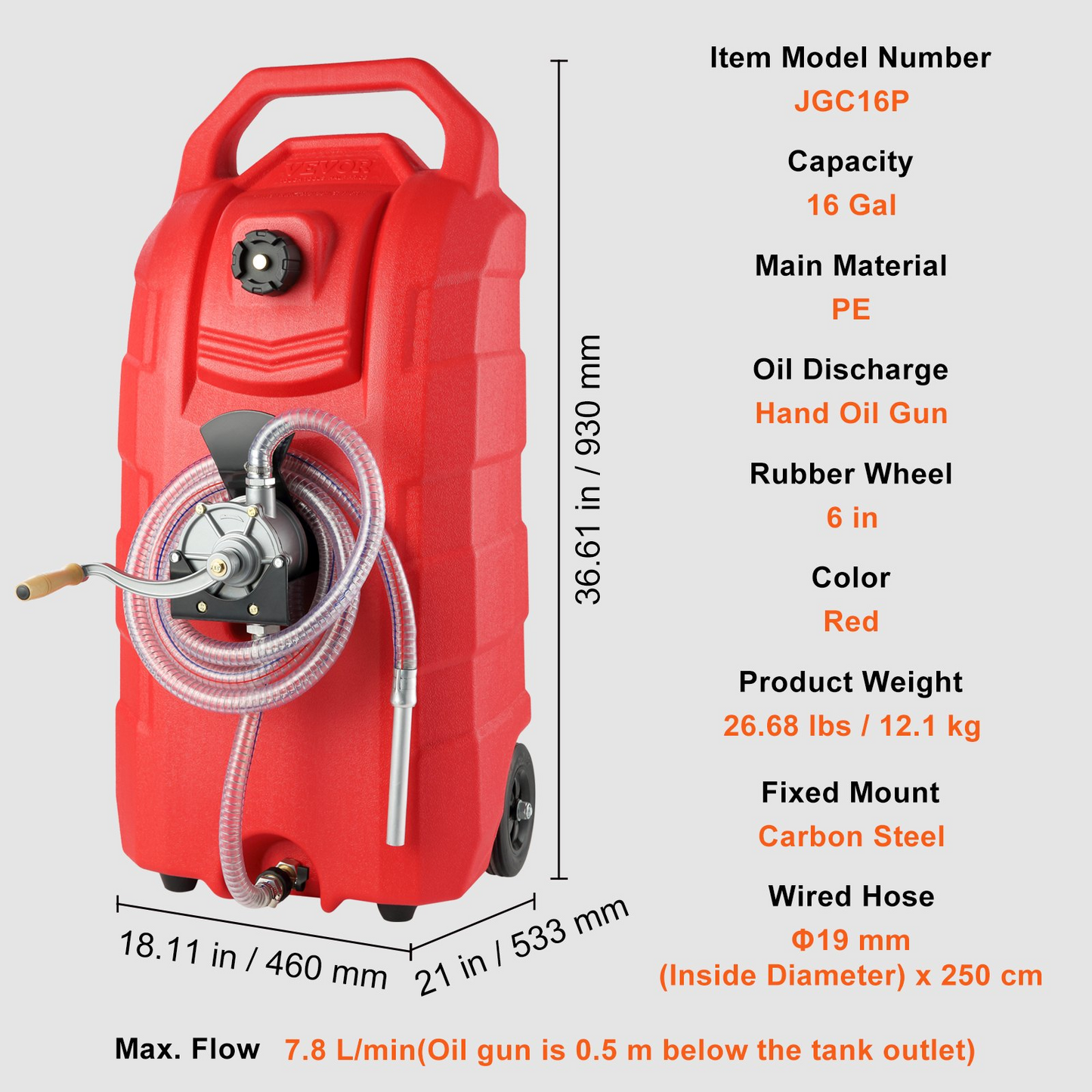 VEVOR 16 Gallon Fuel Caddy Portable Gas Storage Tank 7.8 L/min with Manual Pump