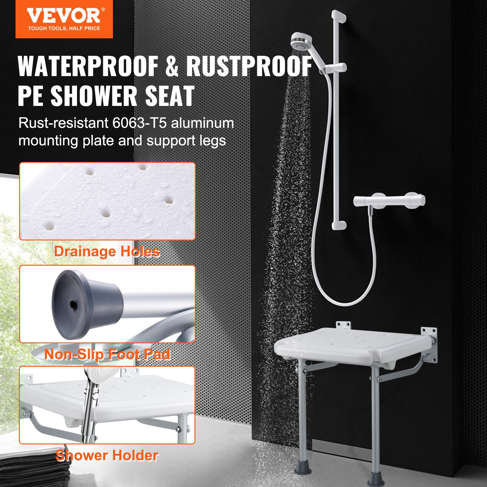 VEVOR Folding PE Shower Seat 15.7'' x 14.8'' Wall Mounted Shower Bench 500 lbs