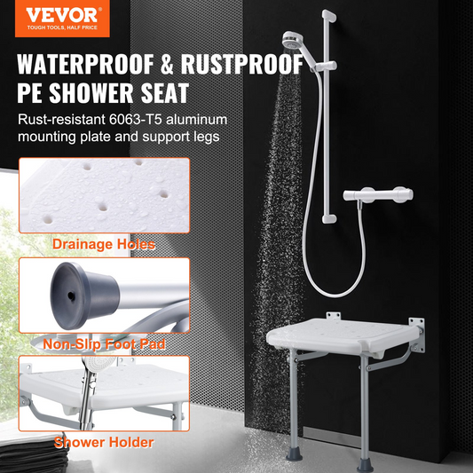 VEVOR Folding PE Shower Seat 15.7'' x 14.8'' Wall Mounted Shower Bench 500 lbs