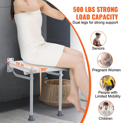 VEVOR Folding PE Shower Seat 15.7'' x 14.8'' Wall Mounted Shower Bench 500 lbs