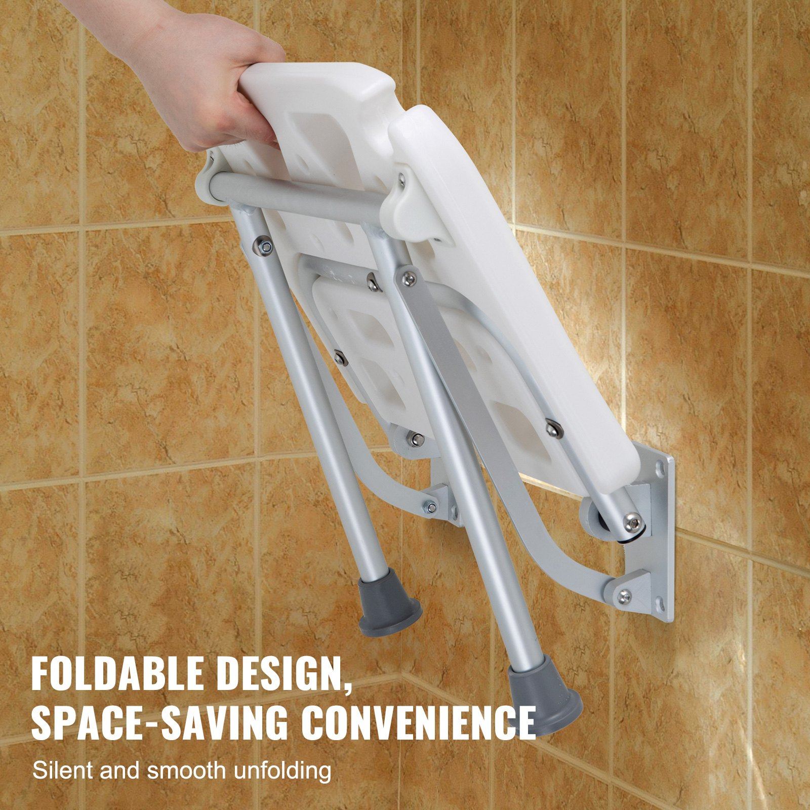 VEVOR Folding PE Shower Seat 15.7'' x 14.8'' Wall Mounted Shower Bench 500 lbs