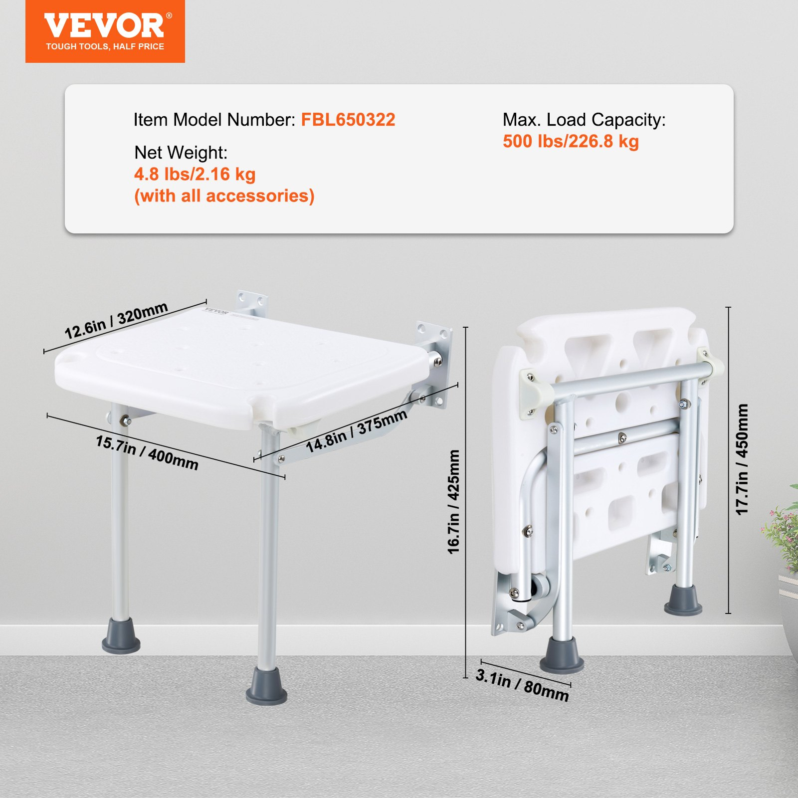 VEVOR Folding PE Shower Seat 15.7'' x 14.8'' Wall Mounted Shower Bench 500 lbs